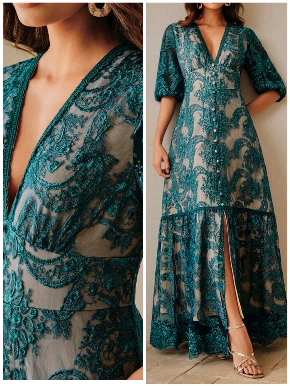 New Luxe Floral Embroidered Lace Puff Sleeve Button Maxi Dress Green